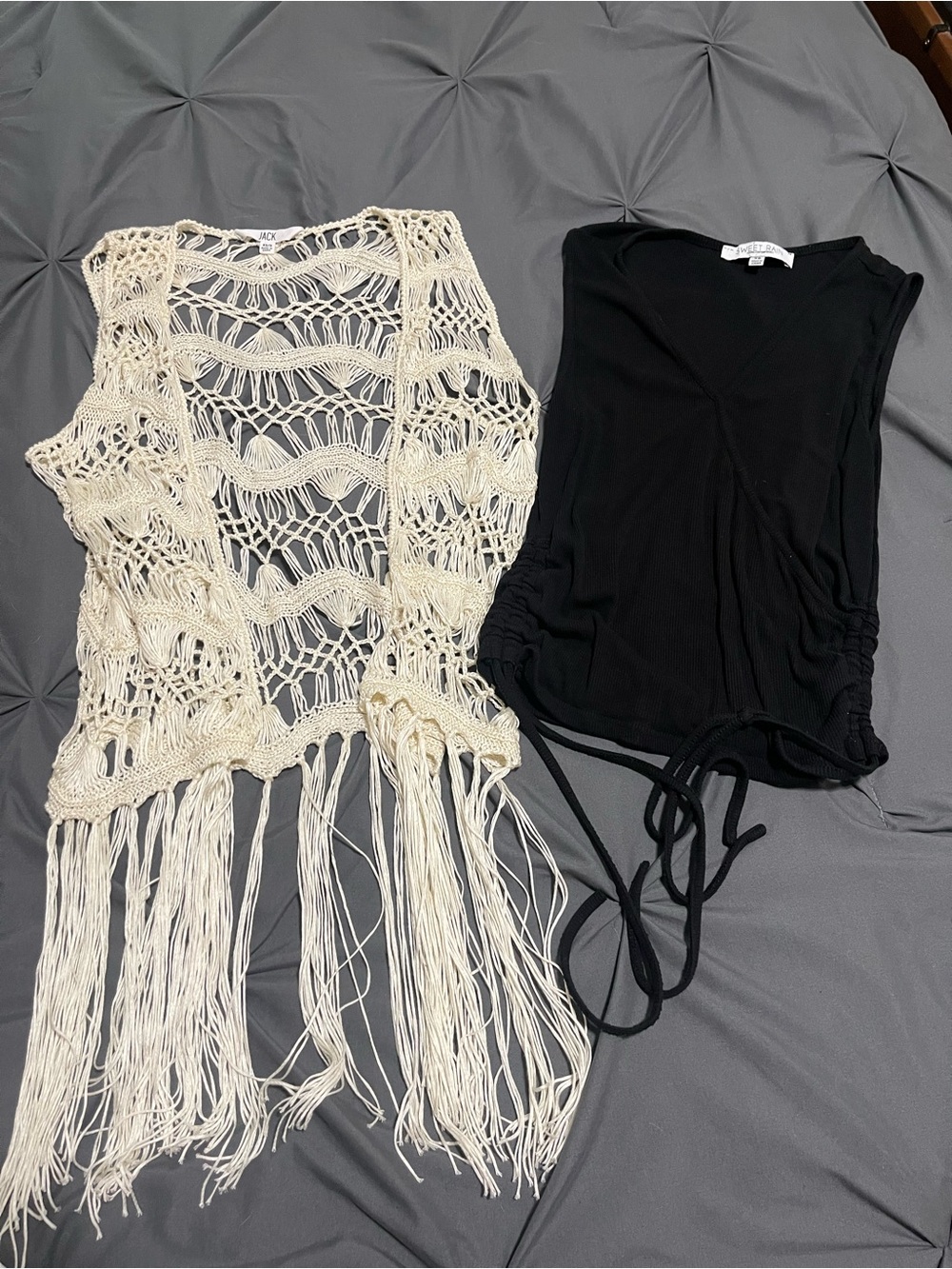 Jack Boho Crochet Fringe Vest + Black Drawstring Tank Set - Cream & Black